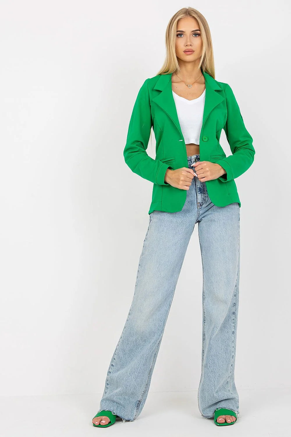 Blazer femme moderne élégant rose vif manches longues col cranté bouton unique épaules structurées polyester élasthanne taille ajustable