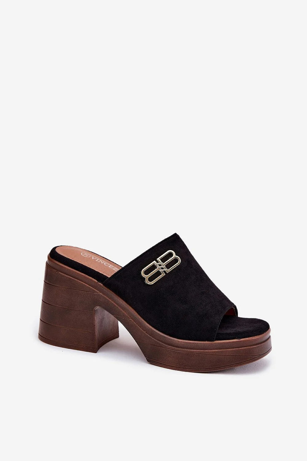 sandales femmes modernes chic suédine écologique talon carré boucle dorée plateforme avant compensée bout ouvert noir marron confortable rembourrée