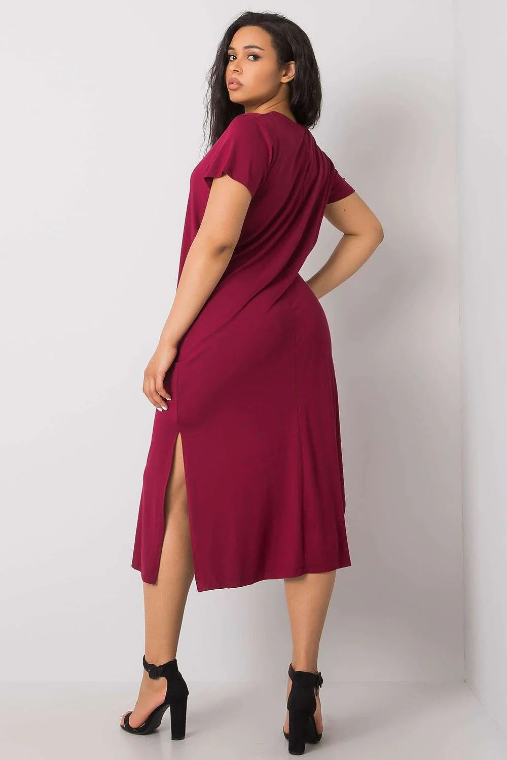 Robe d'été taille plus manches courtes robe bordeaux fente latérale mi-longue viscose elasthanne femmes confortable