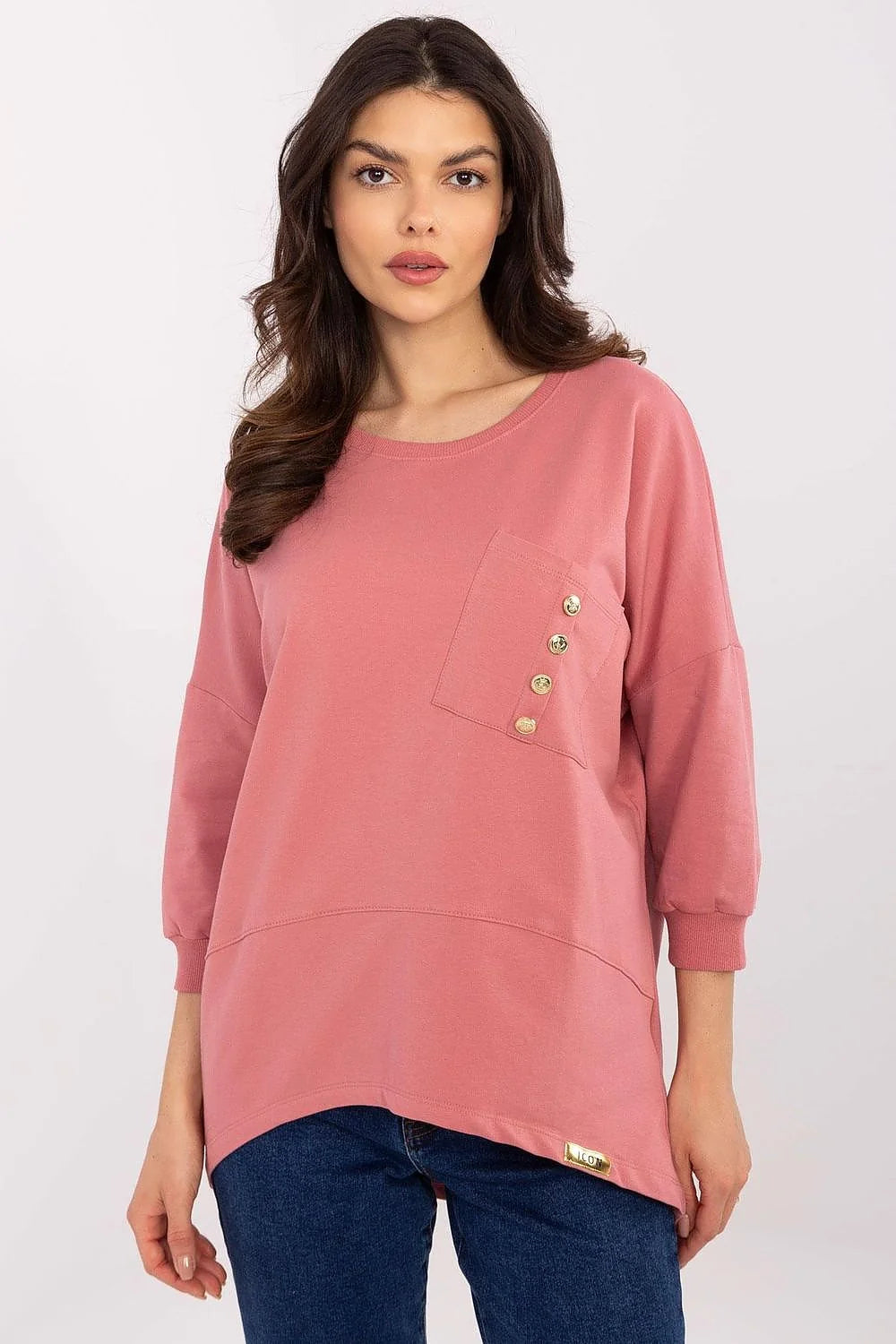 Pull pour femme moderne couleur rose pâle coupe décontractée manches longues épaules tombantes poche décorative boutons dorés en coton