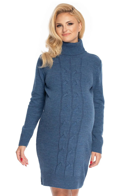 Robe pull tricot bleu décontracté chic maternité col roulé motif tressé automne hiver confortable