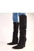 bottes cothurnes femme cuir suédé écologique noir tige 41cm bout pointu élancé talon compensé 11cm froncée fermeture éclair