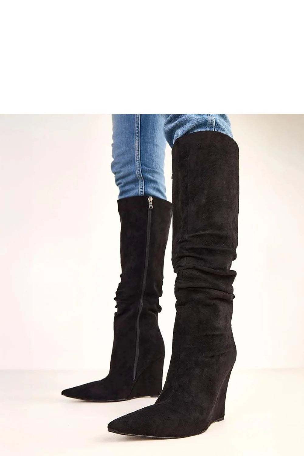 bottes cothurnes femme cuir suédé écologique noir tige 41cm bout pointu élancé talon compensé 11cm froncée fermeture éclair