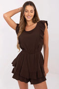 Combinaison Femme Italie Moda Tissu Léger Marron Chocolat Coupe Ajustée Volants Raffinés Manches Courtes Encolure Ronde Élastique Taille Confortable Occasions Estivales Casual-Chic