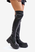 Bottes cuissardes en cuir synthétique noir style moderne audacieux plateforme épaisse femme tendance urbaine