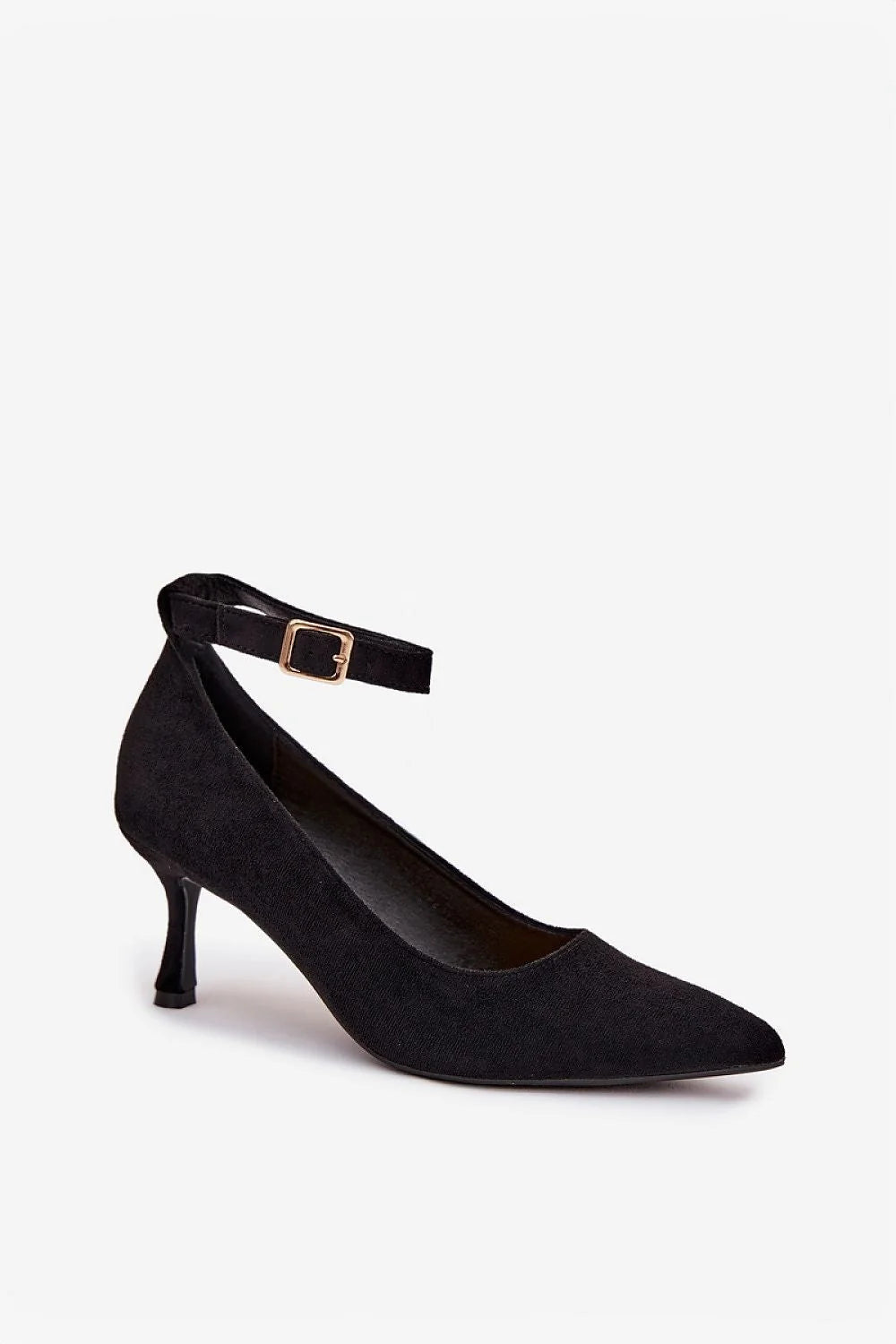 escarpins femme suédine noire bout pointu talon aiguilles bride cheville réglable boucle dorée maintien confort silhouette élégante soirée