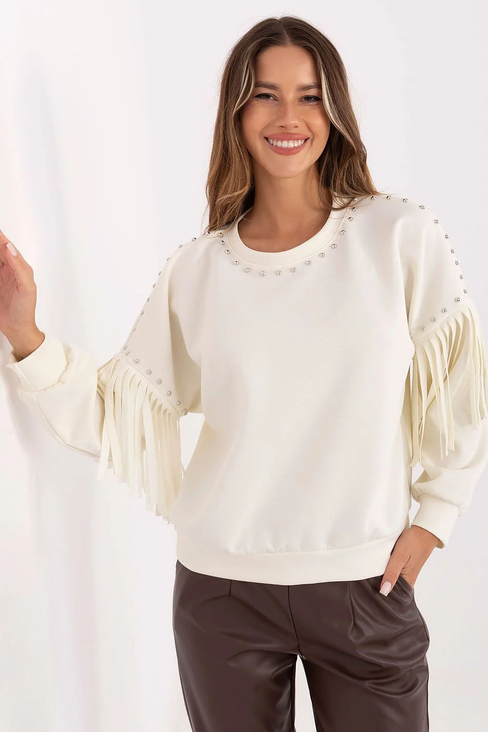 sweatshirt femme oversize ivoire molletonné col rond manches ballon longues franges latérales clous argentés bordcôte décontractée bohème rock viscose polyester