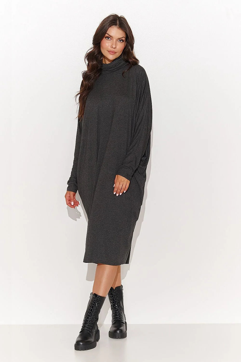 Robe de jour oversize col roulé maille viscose graphite taille ajustable robe moderne femmes style casual