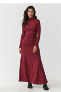 robe longue maxi bordeaux profond manches longues col montant ajustée fronces latérales jupe évasée jersey stretch fluide confortable soirée élégante