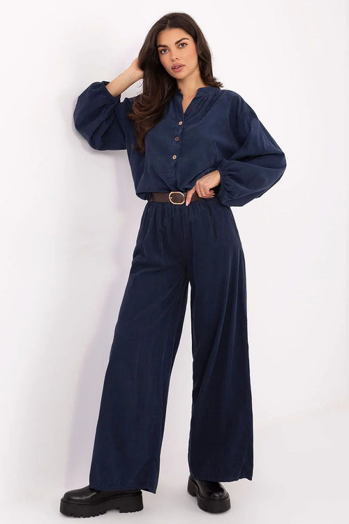 pantalon femme velours côtelé bleu marine taille haute ceinture élastique larges jambes poches latérales boucle ovale marron rétro confortable polyester