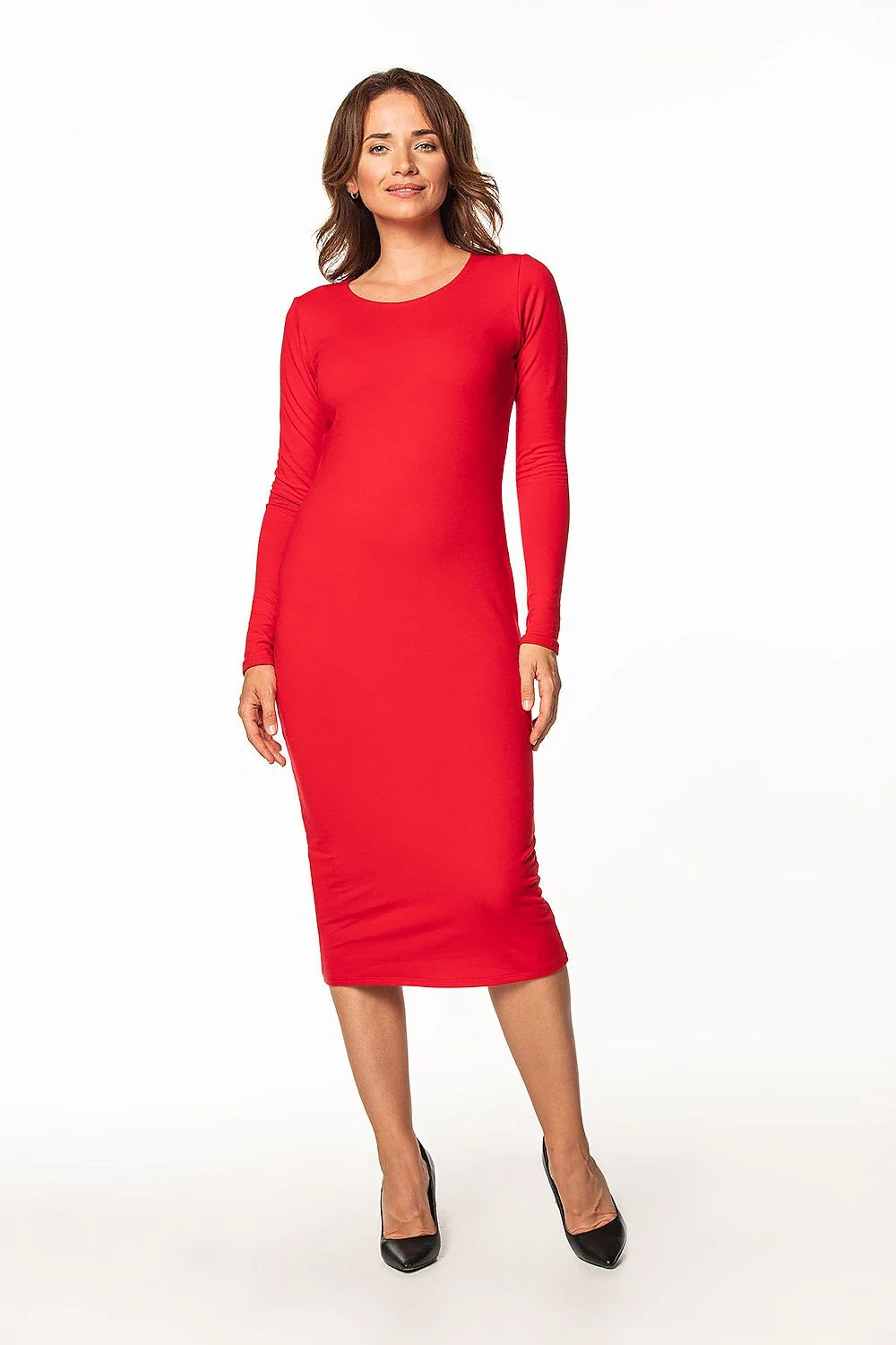 Robe élégante pour femme en coton et polyester longueur midi manches longues encolure ronde couleur rouge vive ajustée
