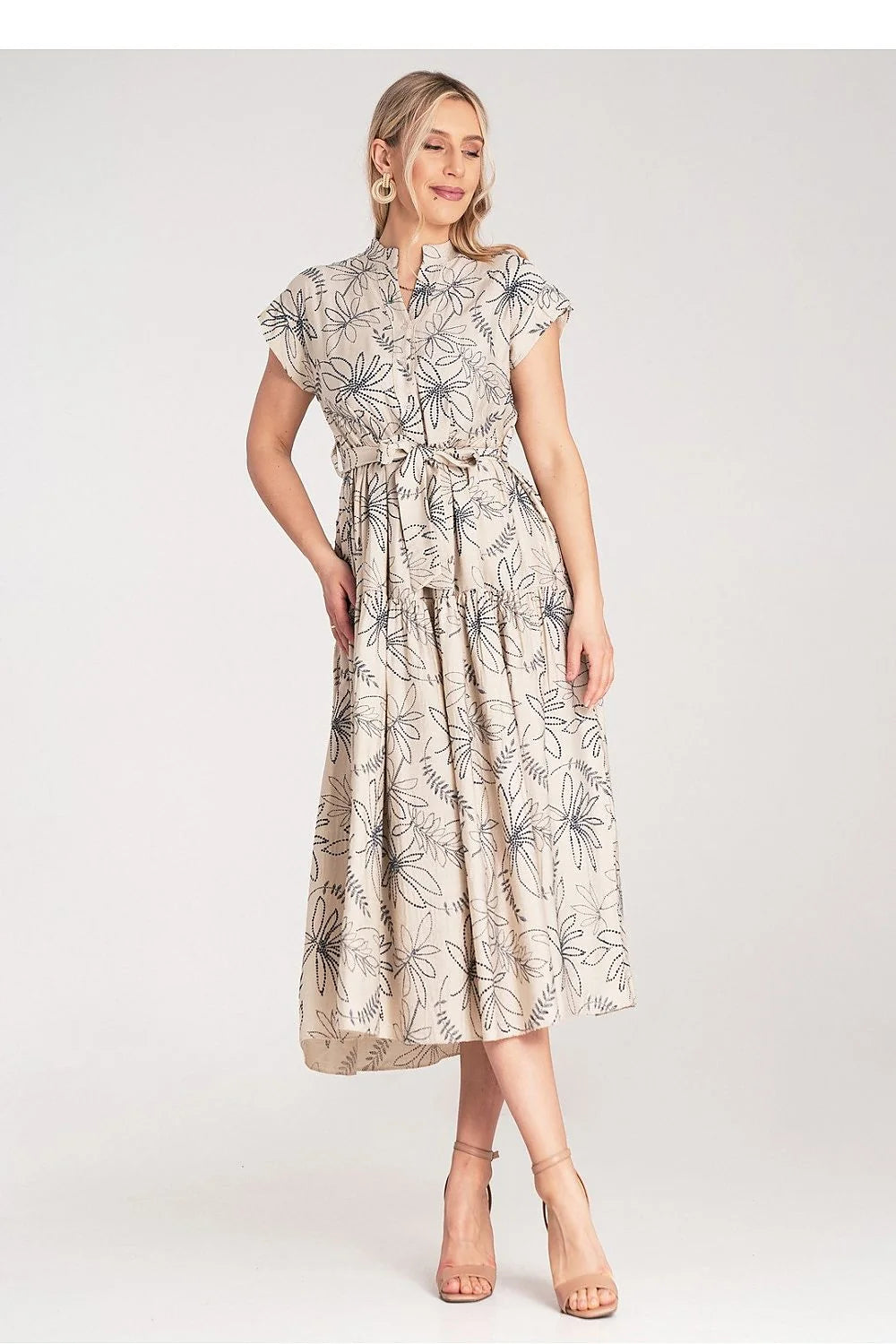 robe midi femme beige fleurie viscose légère manches courtes kimono col mao ceinture nouée cintrée jupe évasée bohème chic