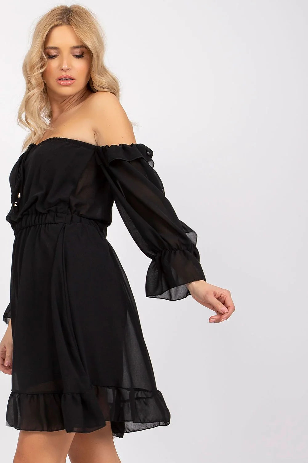 Robe de jour élégante courte manches longues col bardot noire femme tissu léger occasion多种