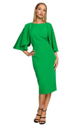 Robe de cocktail élégante vert vif manches larges encolure bateau ceinture discrète fermeture invisible polyester elastane femme