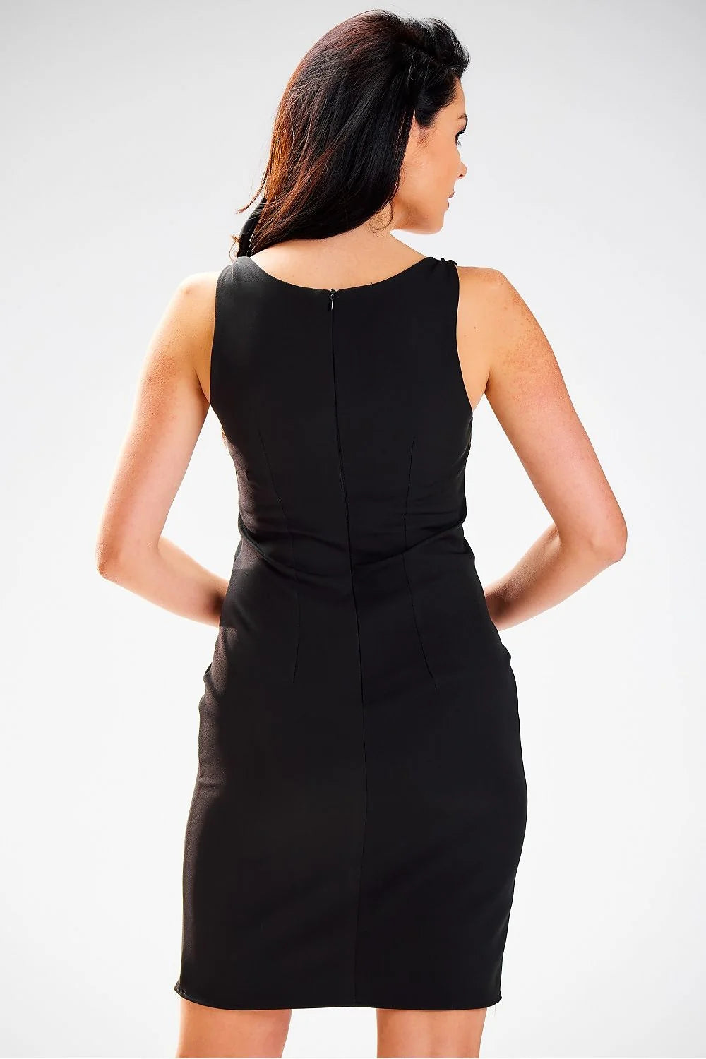 Robe de jour élégante ajustée épaules nouées décolleté V Polyester Elasthanne noire taille ajustable femme