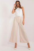 pantalon palazzo femme large beige polyester taille haute ceinture blanche boucle ovale dorée cropped cheville plis structuré élégant