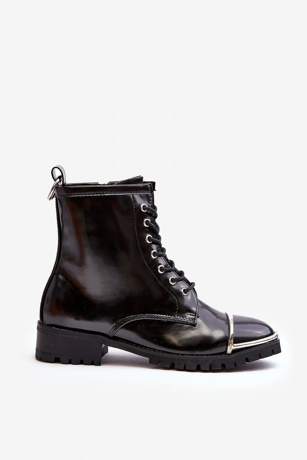 bottines rock audacieuses cuir artificiel noir verni cheville lacets zip latéral semelle crantée antidérapante embout argenté œillets coutures confort