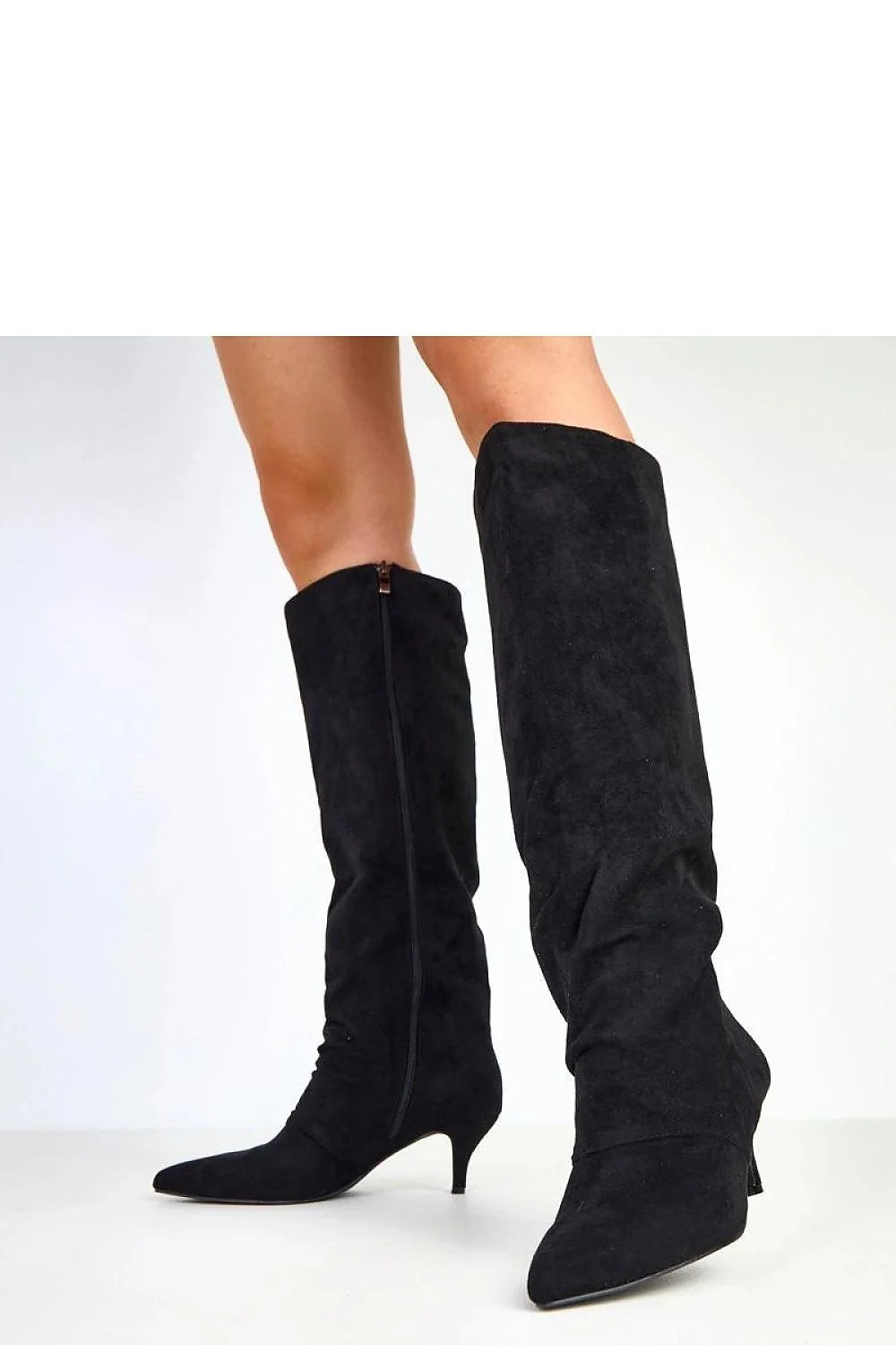bottes femme cuir suédé noir hauteur genou tige 43cm bout pointu talon 6cm kitten élégant féminin ajusté mollet