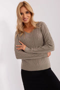 Pull élégant pour femme col V manches longues maille tricotée couleur taupe matière douce confortable多シーズン