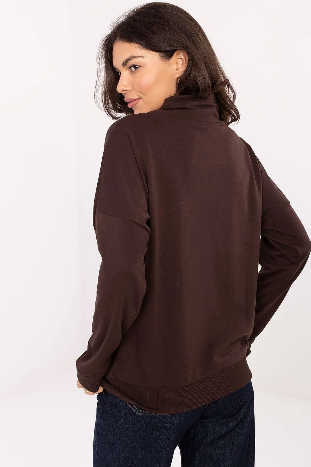 sweatshirt femme casual col châle croisé coupe oversize manches longues tombantes poche kangourou chocolat molleton coton mélangé doux zips dorés