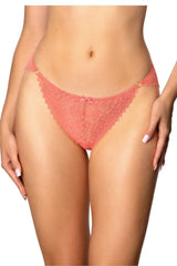 string dentelle corail transparent taille basse devant triangulaire minimaliste bords festonnés noeud satiné central anneaux dorés maintien discret