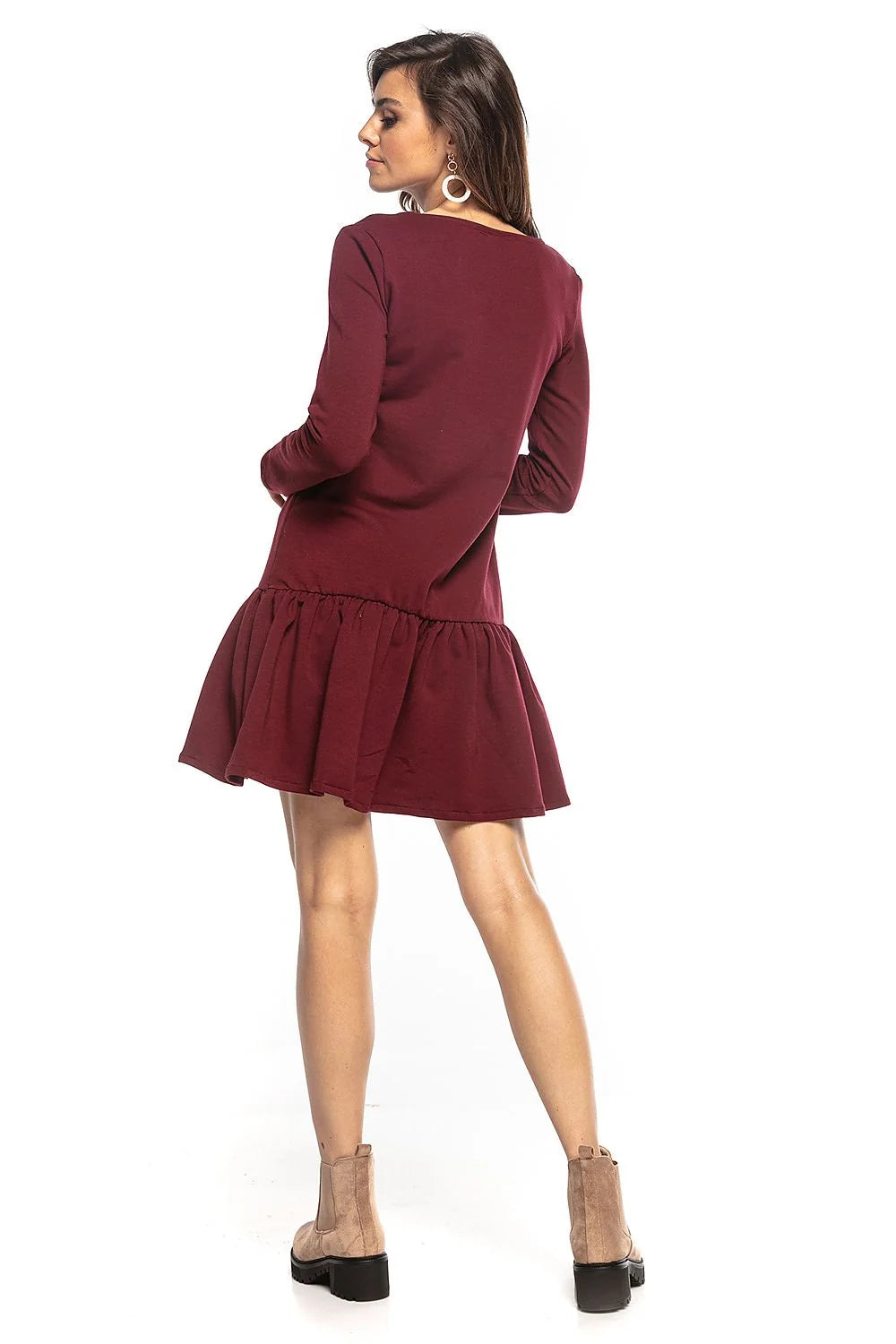 robe Tessita jersey extensible kaki olive courte manches longues encolure V coupe droite évasée volant froncé ourlet confortable quotidien chic