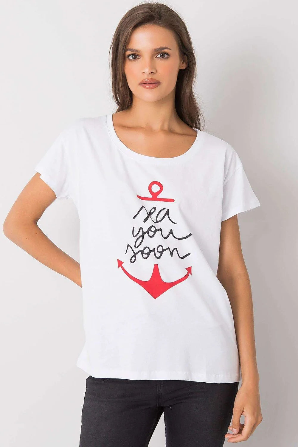 T-shirt pour femme design ancre 'sea you soon' vert menthe manches courtes col rond ajusté