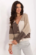 cardigan femme maille épaisse duveteuse rayures beige crème coupe courte cocooning manches bouffantes poignets côtelés boutons dorés décolleté V superposable