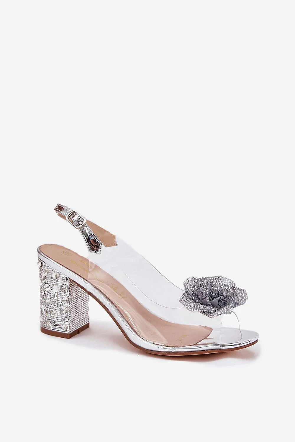 Sandales à talons transparents élégantes strass argenté fleur PVC cuir femme soirées cérémonies mode tendance été