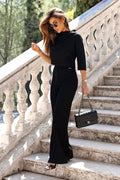 Ensemble IVON élégant noir crop top taille haute pantalon large femmes mode urban chic occasionnels
