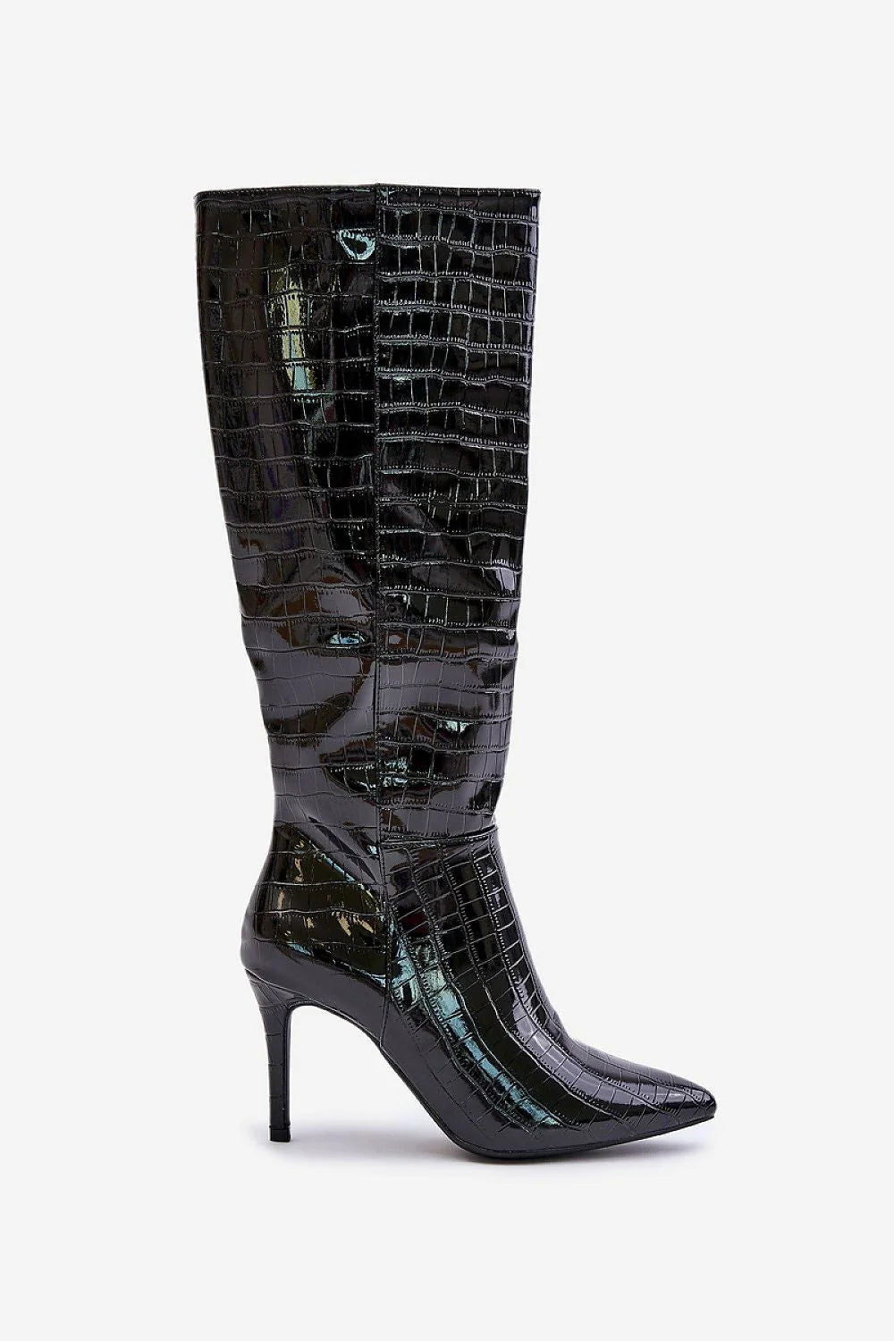 Bottes élégantes pour femmes design moderne imitation cuir de crocodile noire talon stiletto zip latéral genou arrivee