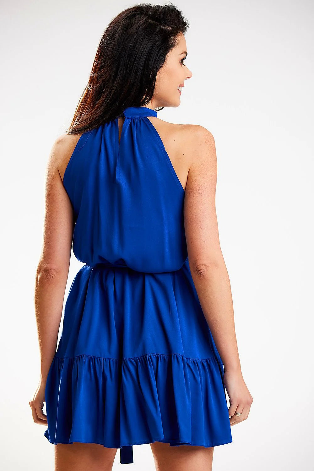 Robe de jour élégante sans manches col drapé bleu électrique ceinture assortie robe A-line coupe cintrée femmes