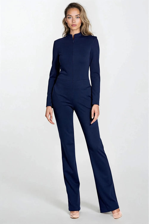 combinaison pantalon femme bleu marine manches longues col montant fermeture zippée frontale coupe ajustée taille cintrée tissu extensible
