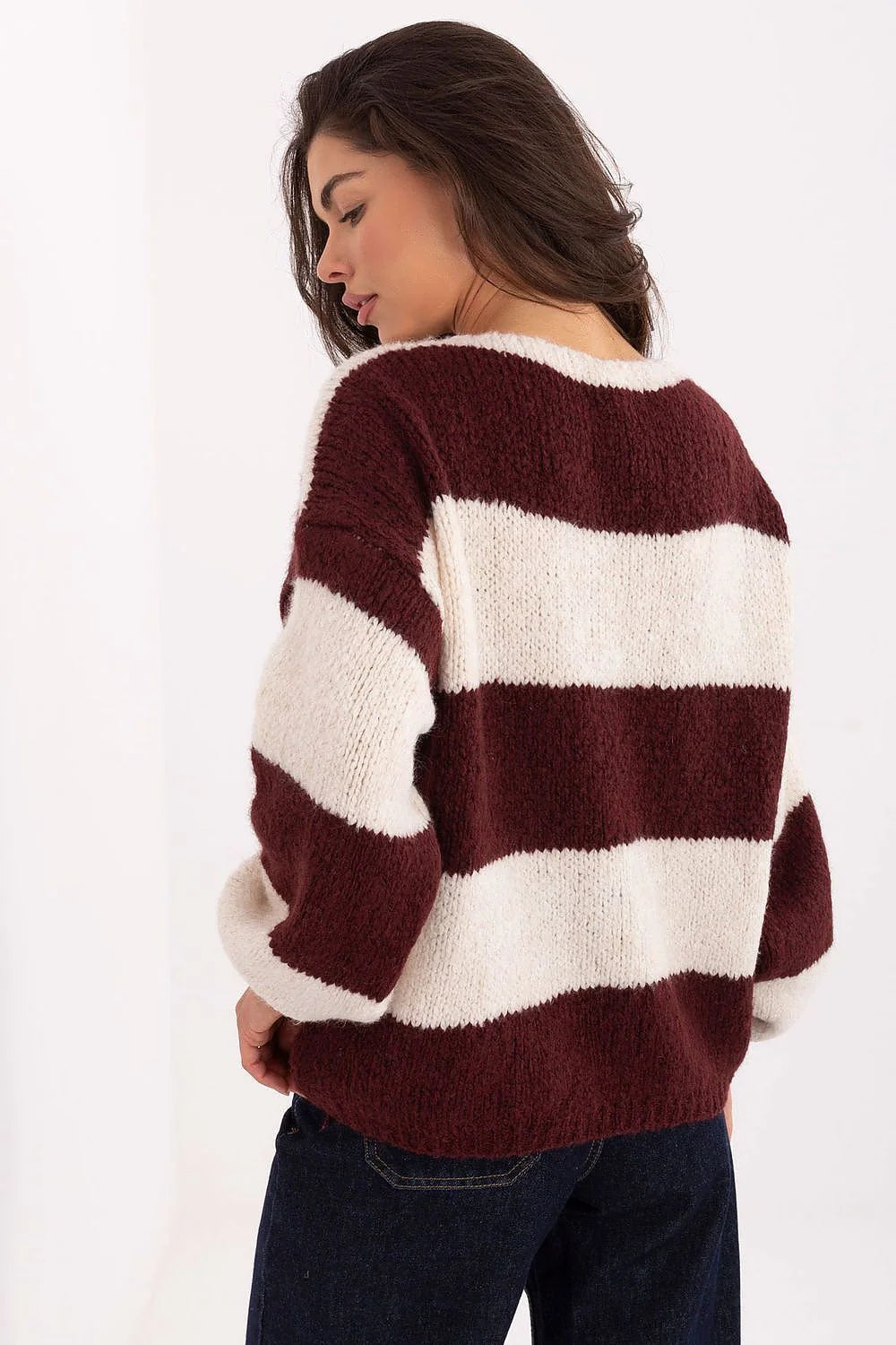 cardigan femme oversize rayures bordeaux crème maille épaisse duveteuse laçage devant encolure V manches bouffantes coupe courte casual automne hiver