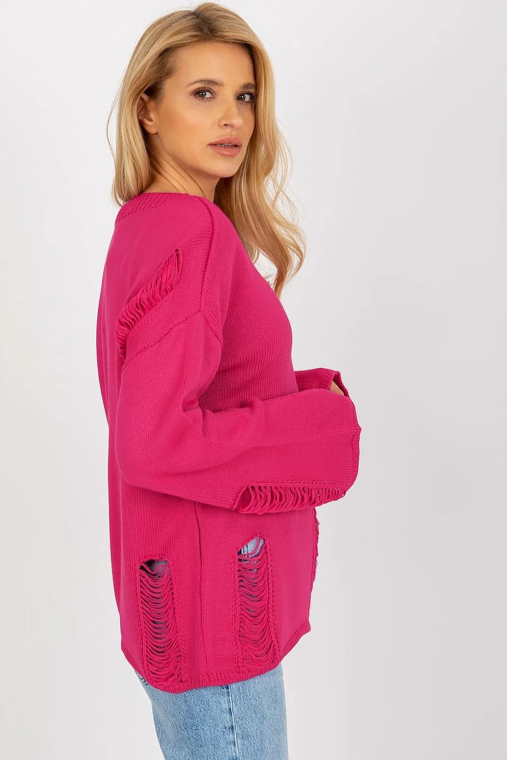 Pull décontracté pour femmes en maille rose vif effet déchiré manches longues style urbain