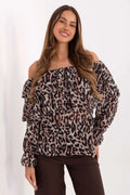 chemisier espagnol femme épaules dénudées volants superposés imprimé léopard brun beige noir voile léger chiffon fluide