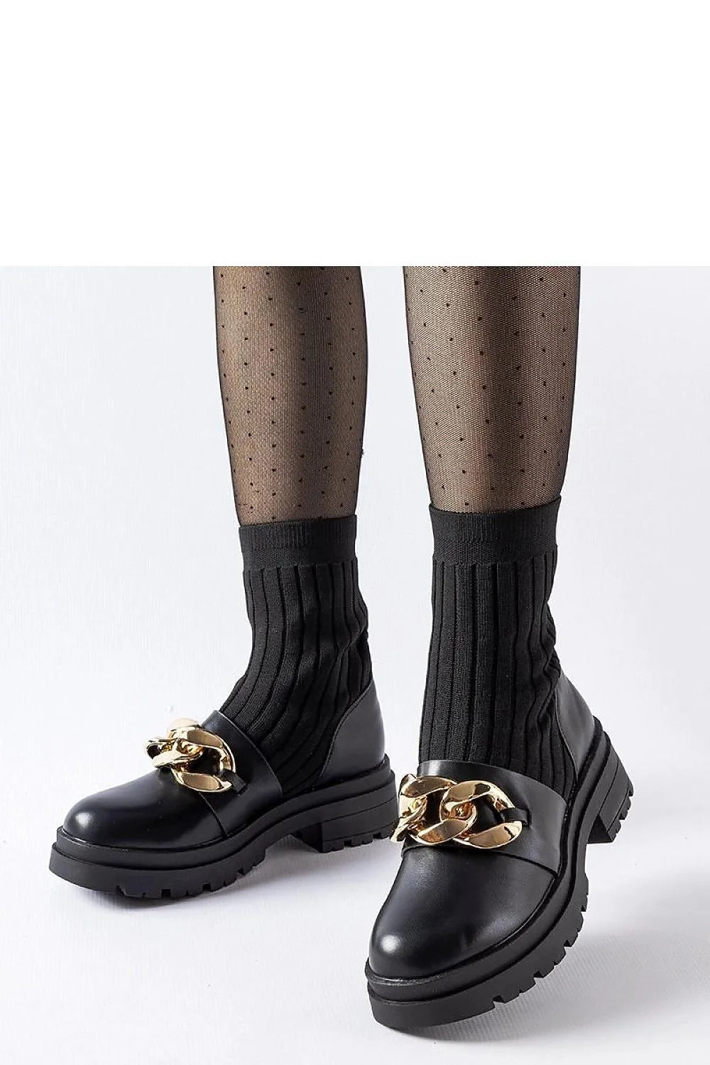 Bottines noires en cuir lisse avec chaîne dorée style moderne mocassin femmes occasion décontractée semi-formelle