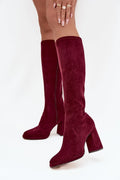 bottes hautes femme suédé écologique souple bordeaux talon colonne stable haut bout amande tige ajustée fermeture éclair latérale discrète élégante