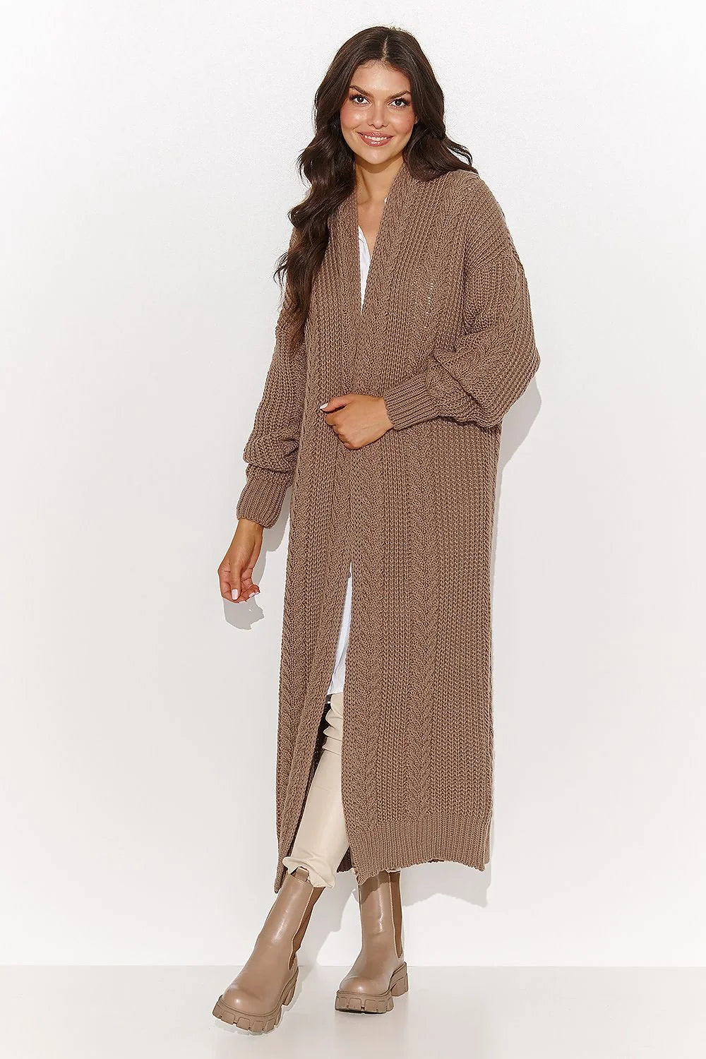 Cardigan Numinou pour Femme Longueur Ankle Taupe Grosse Maille Tricotée Manches Longues Coudes Puffées Col Châle sans Boutons Élégance Casual