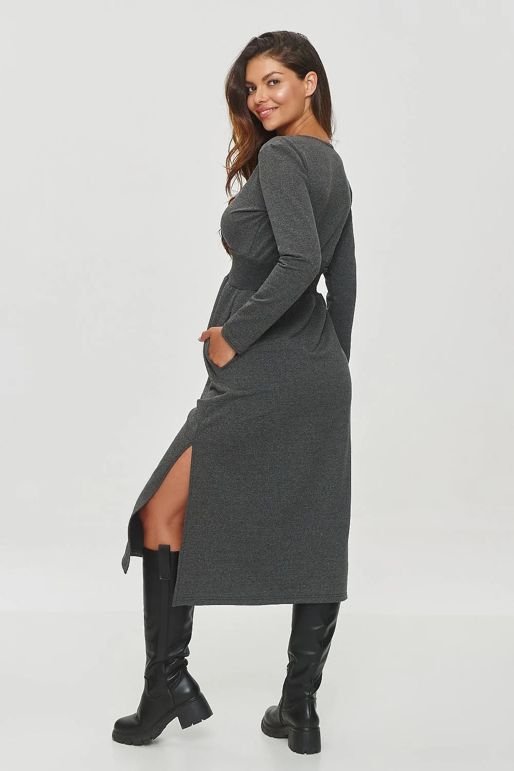 Robe de jour Makadamia tricot stretch manches longues décolleté V ceinture élastique gris charbon femme