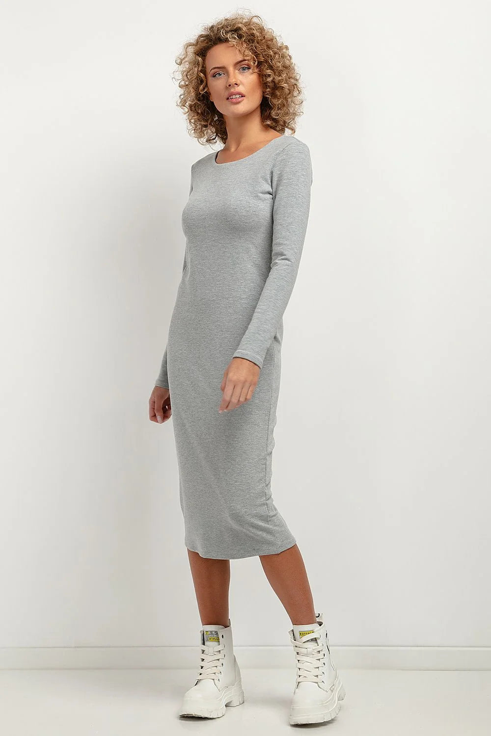 robe midi maille jersey extensible coupe ajustée slim encolure bateau manches longues gris clair chiné confortable