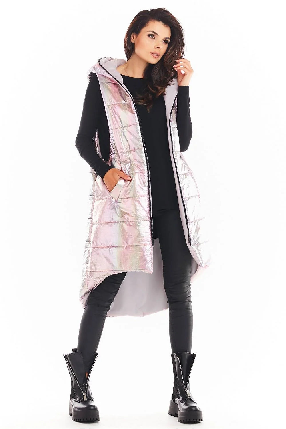 Gilet sans manches irisé synthétique moderne avec capuche pour femmes urbaines tendances en bleu menthe