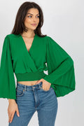 Chemisier féminin élégant encolure V profonde manches longues pleatées élastique à la taille couleur verte vif polyester 95 elasthanne 5 femme