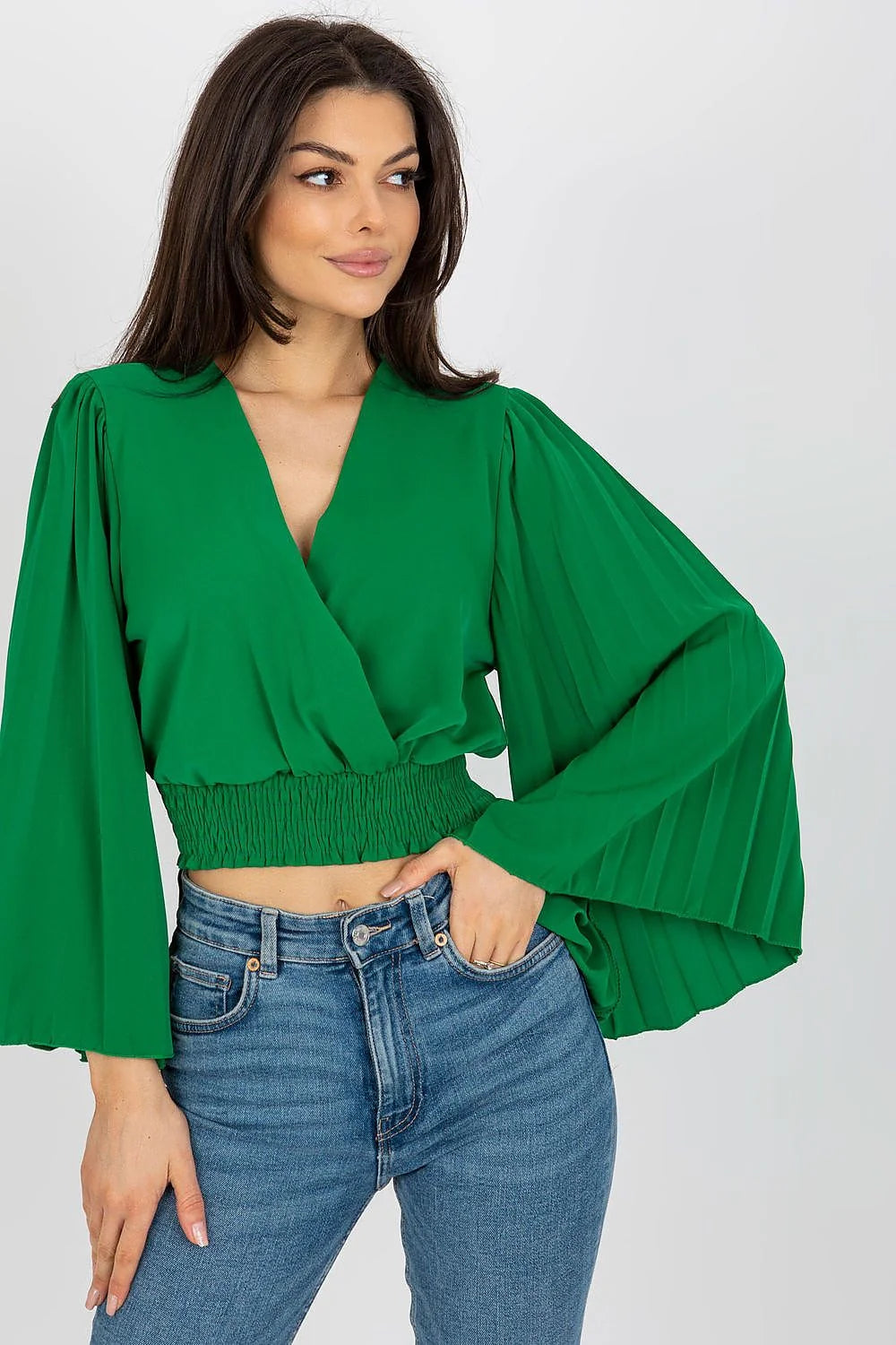Chemisier féminin élégant encolure V profonde manches longues pleatées élastique à la taille couleur verte vif polyester 95 elasthanne 5 femme