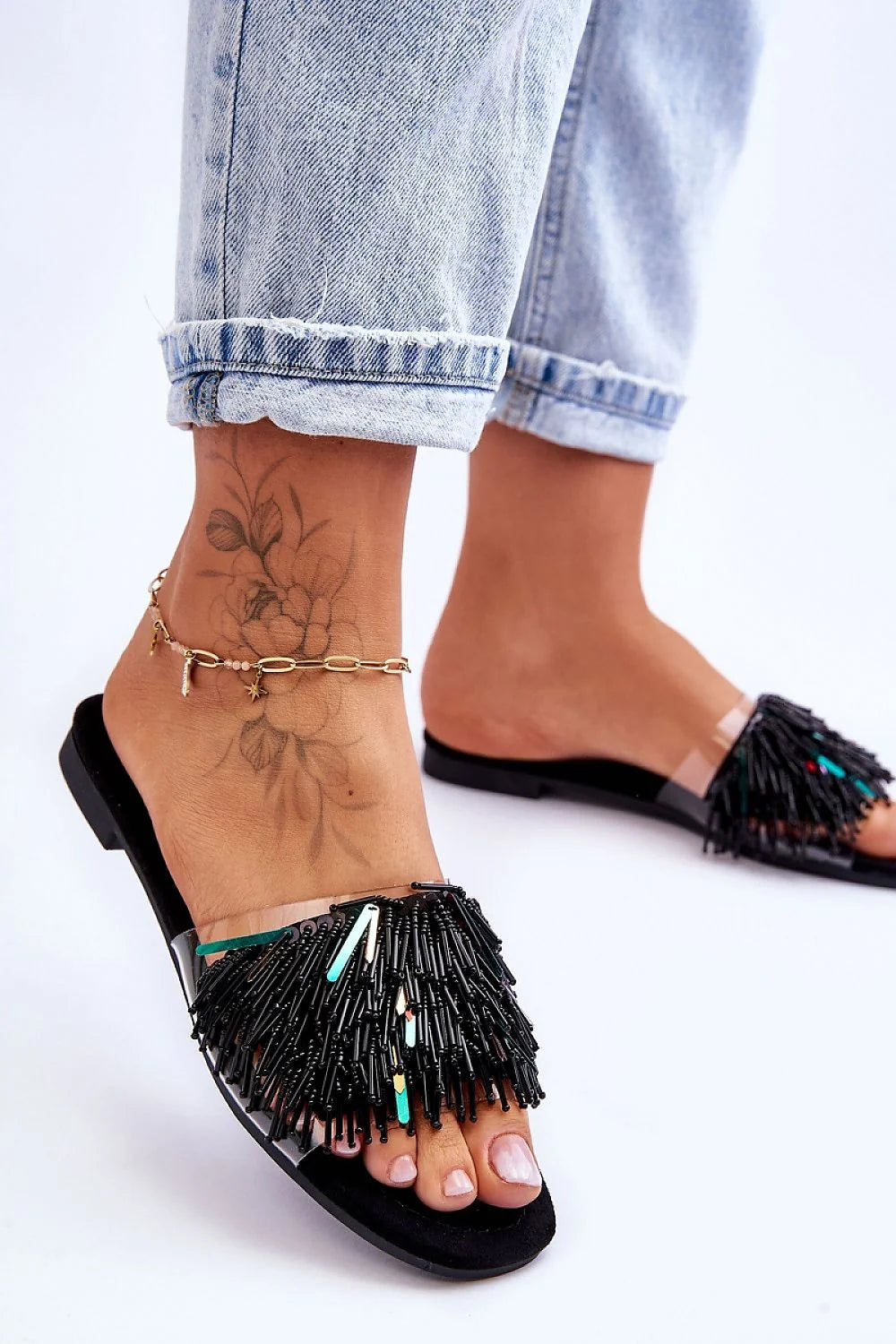 sandales femmes plates mules ouvertes noires turquoise perles tubulaires franges bride transparente ecosuede confort semelle antiderapante legere durable