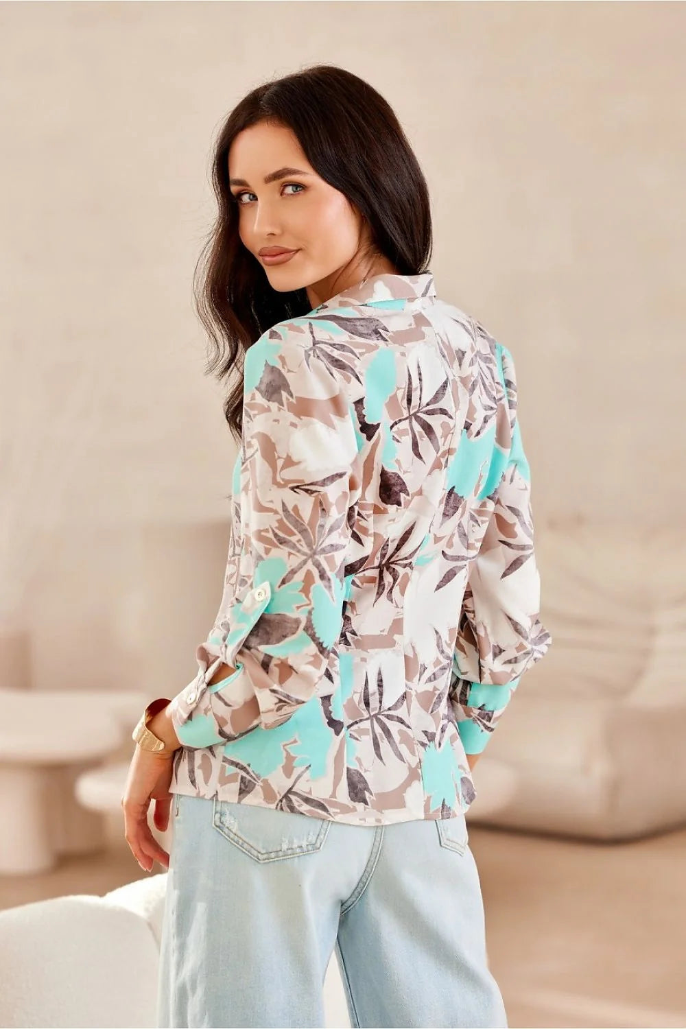 Chemise féminine élégante en polyester motif floral beige marron blanc turquoise manches longues col à revers boutons dorés