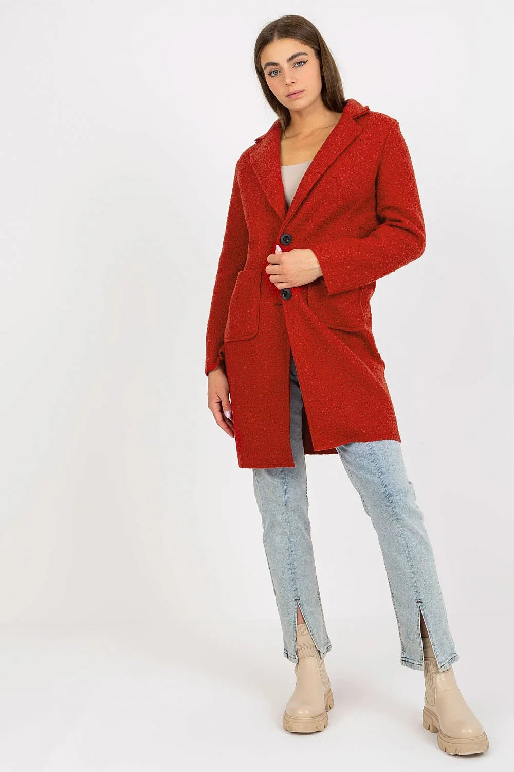 Manteau Och Bella pour femme rouge vif manches longues poches plaquées coupe droite style moderne intemporel polyester 100% taille universelle