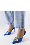 escarpins femme slingback satin bleu roi pointu bout talon stiletto aiguille moyen haut strass boucle carrée cristaux semelle fine