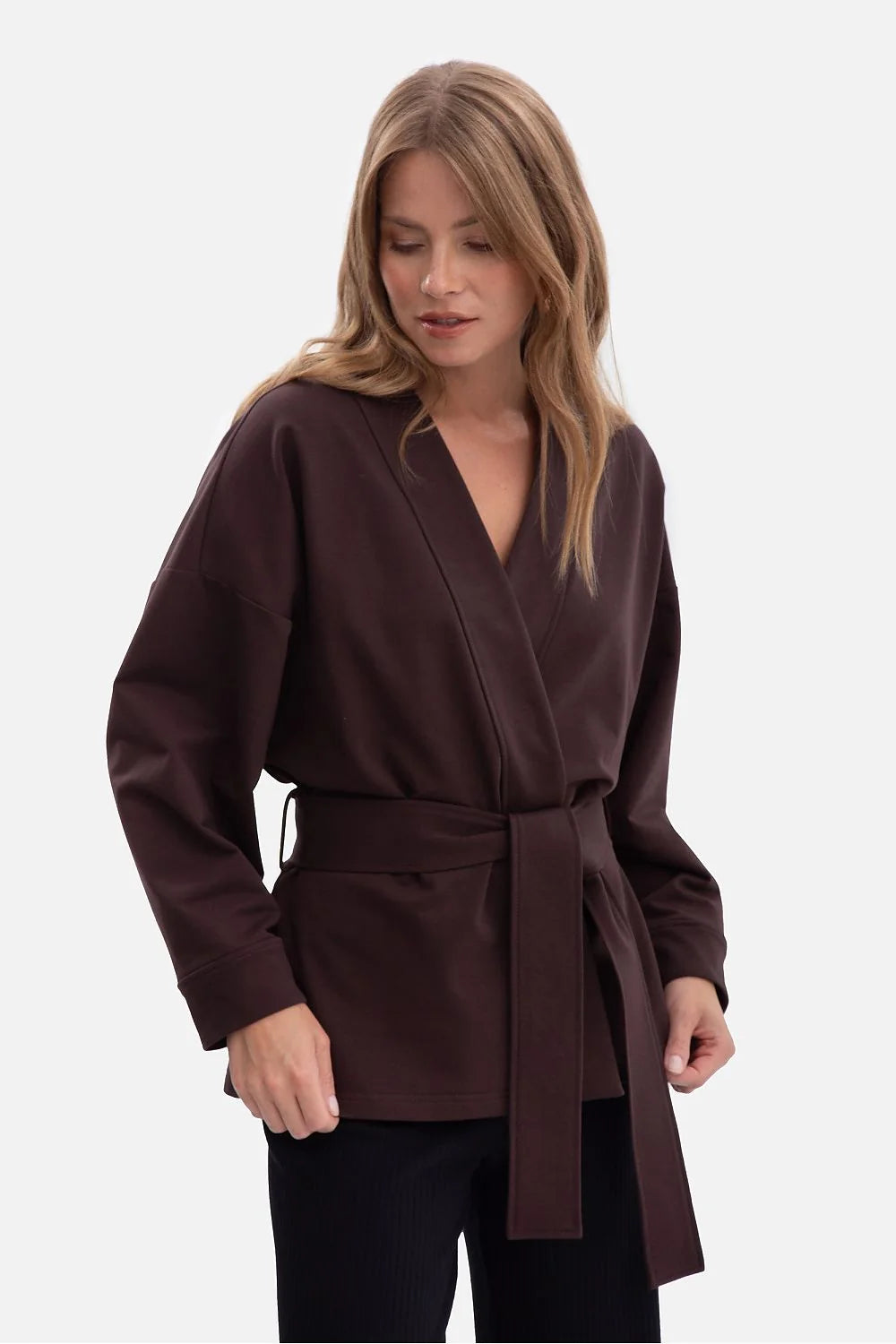 veste kimono femme marron chocolat oversize jersey molleton épais intérieur bouclette confortable doux ceinture amovible manches longues minimaliste polonais