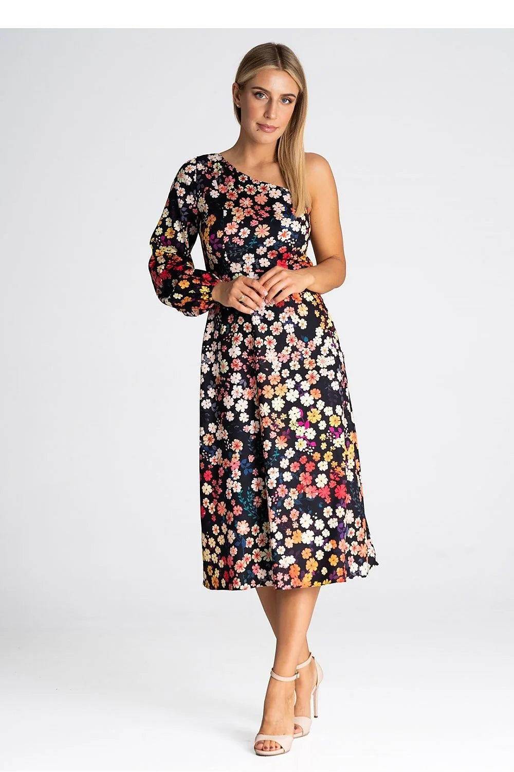 Robe cocktail asymétrique une épaule imprimé floral multicolore femme taille ajustée polyester elasthanne soirée élégance